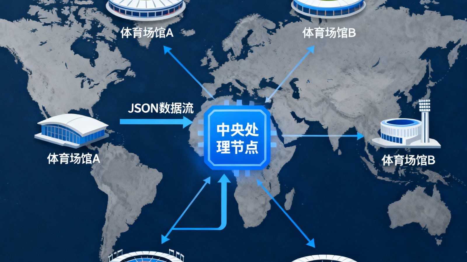 华体会实时数据API接口示意图，展示JSON数据流从全球多个体育场馆汇聚到中央处理节点的架构图