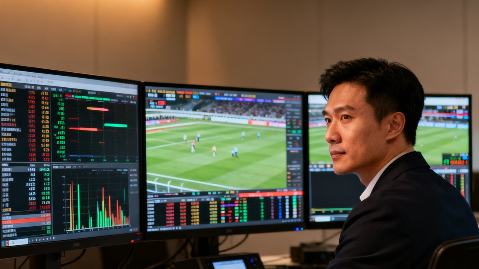 华体会CTO林伟豪肖像，前ESPN亚洲区数据总监，正在对着三台显示器分析赛事数据流